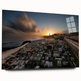 Large abstract wall art of a Caribbean scene in vibrant blue and green tones on acrylic glass.