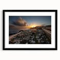Extra large colorful abstract art print of a Caribbean scenery, displayed in a black frame with mat.