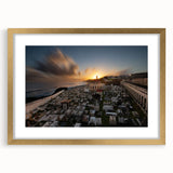 Abstract art print of Caribbean scenery in a gold frame, ideal for dining room decor.