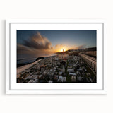 Abstract textured art print depicting a vibrant Caribbean scenery in a white frame, ideal for bedroom wall decor.