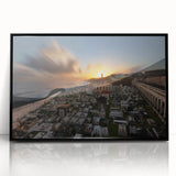 Large abstract wall art of a Caribbean scene in vibrant blue and green tones on framed acrylic.