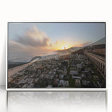 Mid-century modernist art depicting a serene Puerto Rican landscape in muted pastel shades.