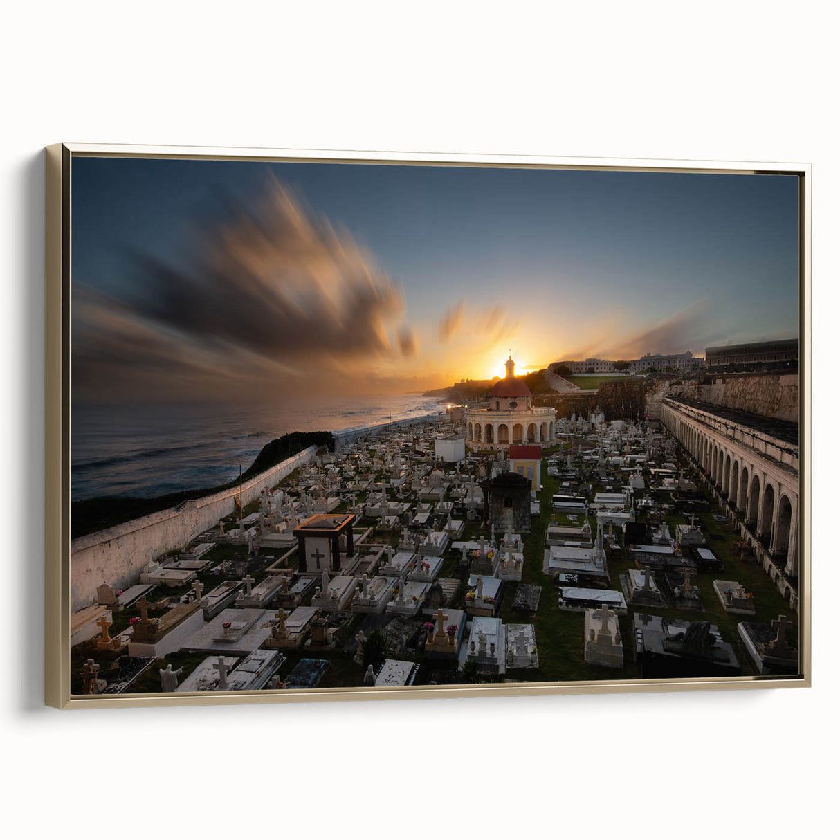 Framed canvas featuring a vintage-style landscape painting of the Caribbean, predominantly in black and gold tones.