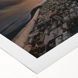 Art deco poster of a scenic Caribbean view in muted blue and green tones, printed on rolled canvas.