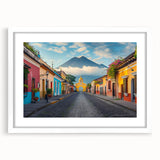 Abstract art print of a Guatemalan landscape in muted earth tones on a framed white mat.