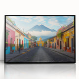 Large abstract wall art depicting a Central American landscape in muted earth tones, framed in black acrylic.