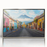 Mid-century modernist art depicting the Central American scenery in Guatemala, in a silver-framed acrylic print.