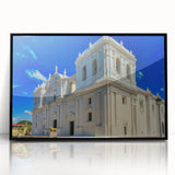 Large abstract wall art depicting a Central American scenery in muted earth tones on a framed acrylic.