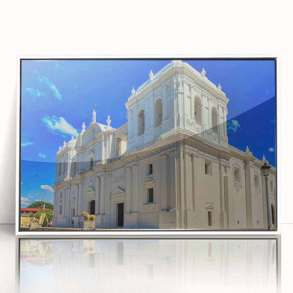 Acrylic print of a serene Nicaraguan landscape, framed in white, ideal for modern nursery decor.
