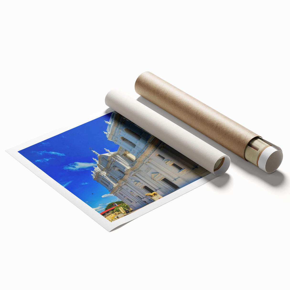Extra large rolled print of Central American scenery with vibrant floral elements, ideal for classy bathroom wall art.