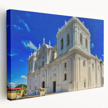 Large art depicting a Central American scenic landscape in vibrant greens and blues on stretched canvas.