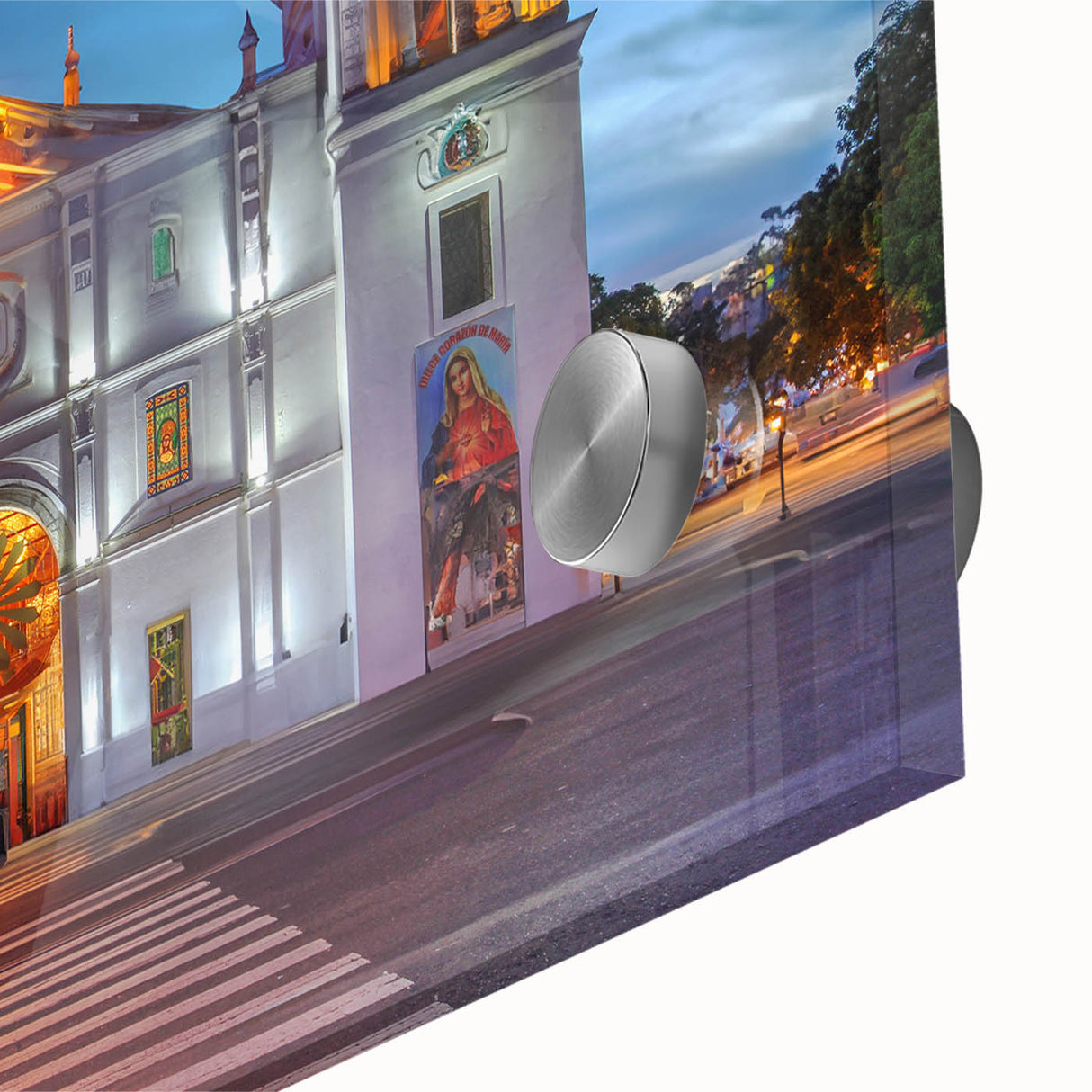 Extra large black wall art featuring a textured, colorful Central American scenery on acrylic glass.