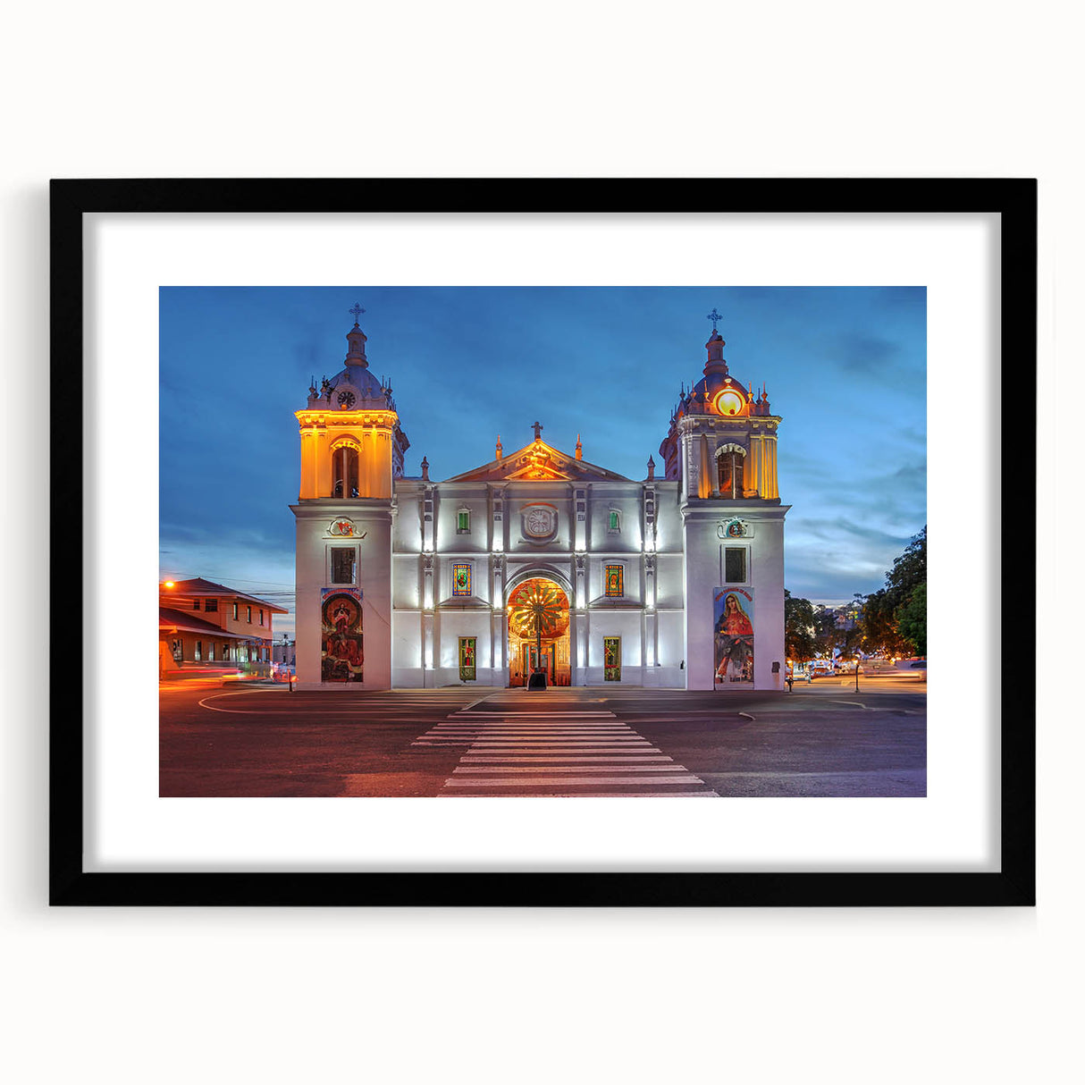 Extra large framed abstract art print featuring a colorful, textured depiction of a Central American scenery.