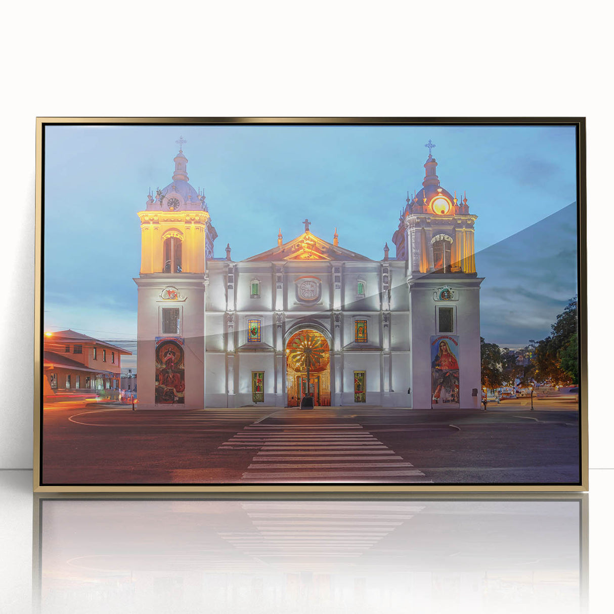 Large art print of a mid-century modernist Central America Panama scenery on framed acrylic with gold tones.