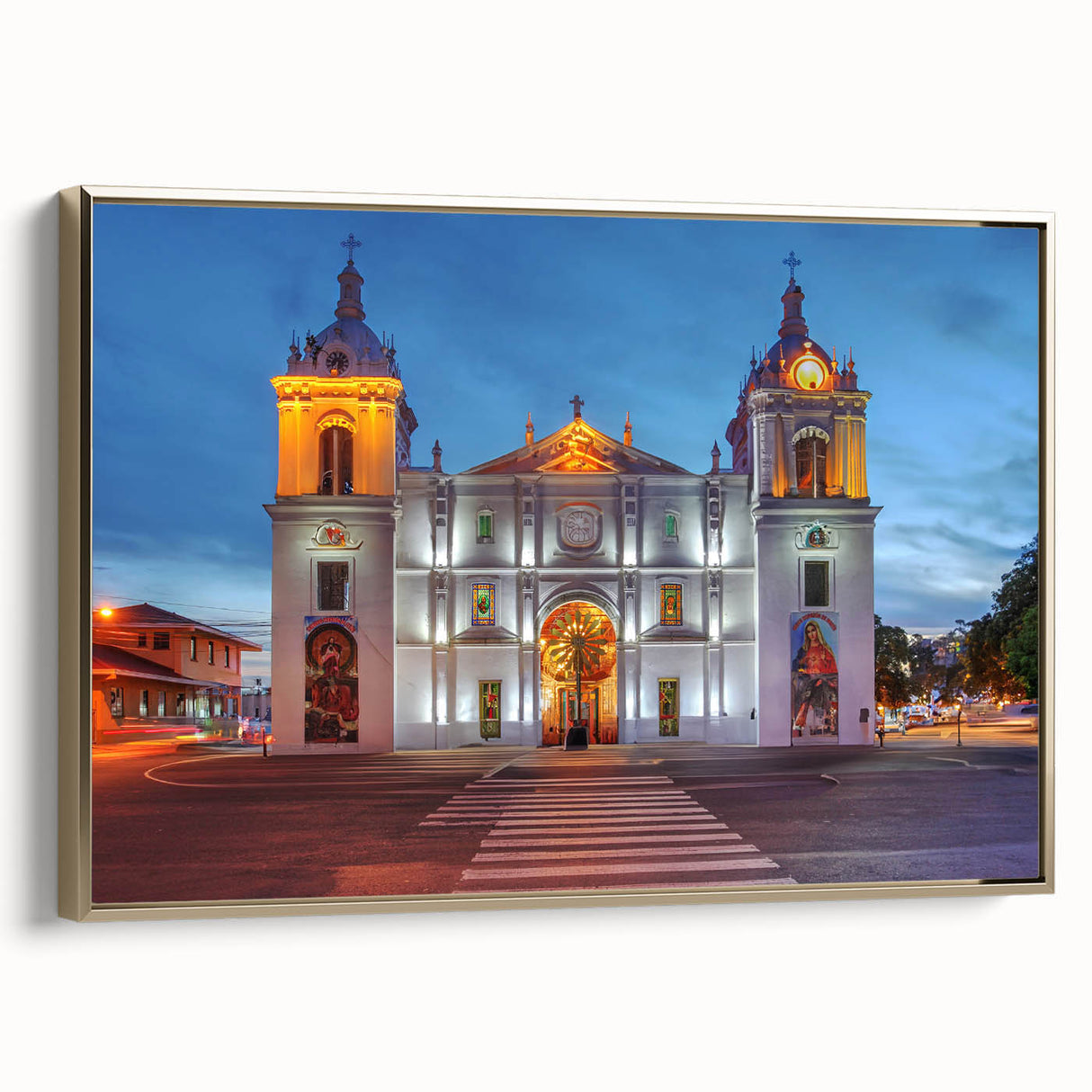Framed canvas depicting a vintage-style landscape of Central America with dominant black and gold tones.