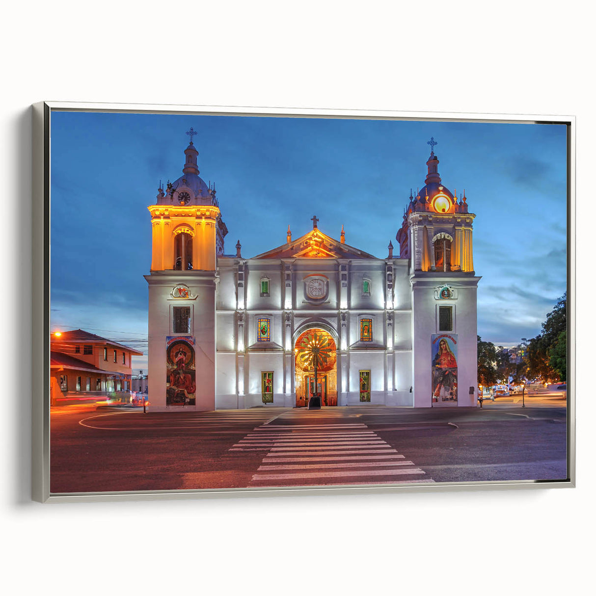 Vintage poster art of Central American scenery on an extra large framed canvas, featuring a mix of vibrant and muted colors.