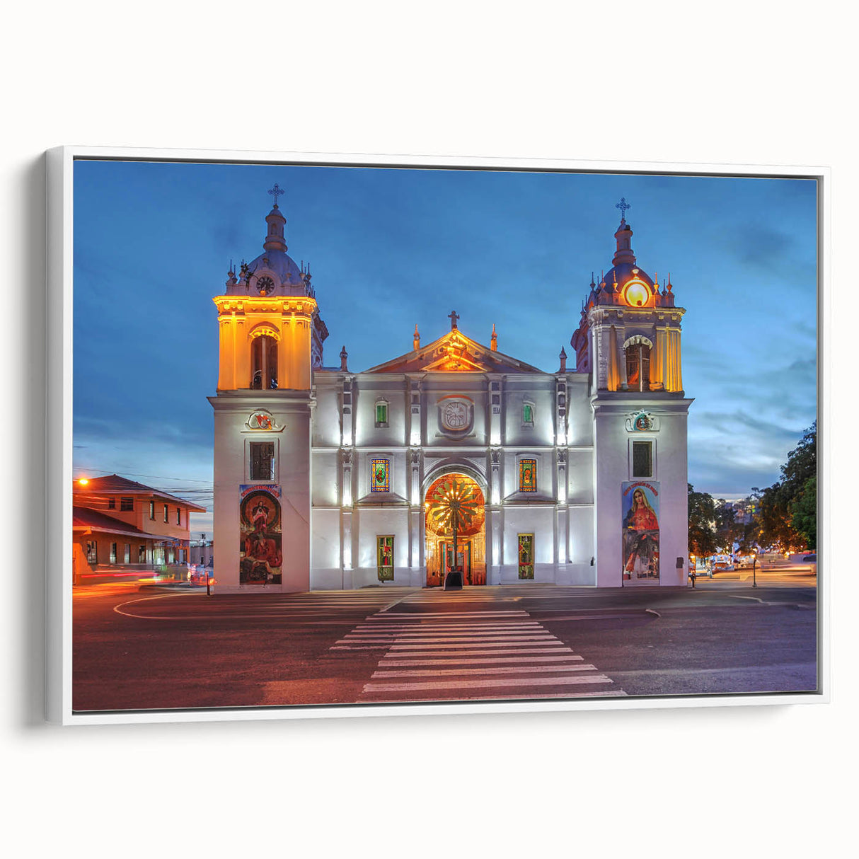 Framed canvas landscape art painting featuring a vintage-style colorful depiction of a Central American scenery.