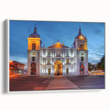 Framed canvas landscape art painting featuring a vintage-style colorful depiction of a Central American scenery.