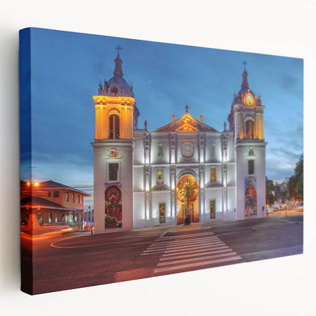 Panoramic view of a Central American landscape on a large stretched canvas, featuring lush greenery and a distant mountain.
