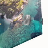 Large abstract wall art featuring a mid-century modernist style with vibrant hues of blue and orange on acrylic glass.