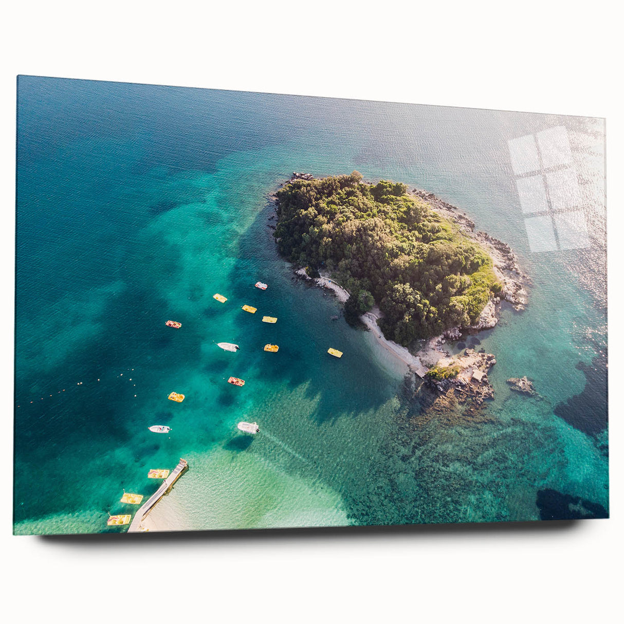 Large abstract wall art of a European scenery in muted blue and green tones on acrylic glass.