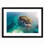 Colorful abstract art print of a European scenery in Albania, textured on a large black framed canvas.
