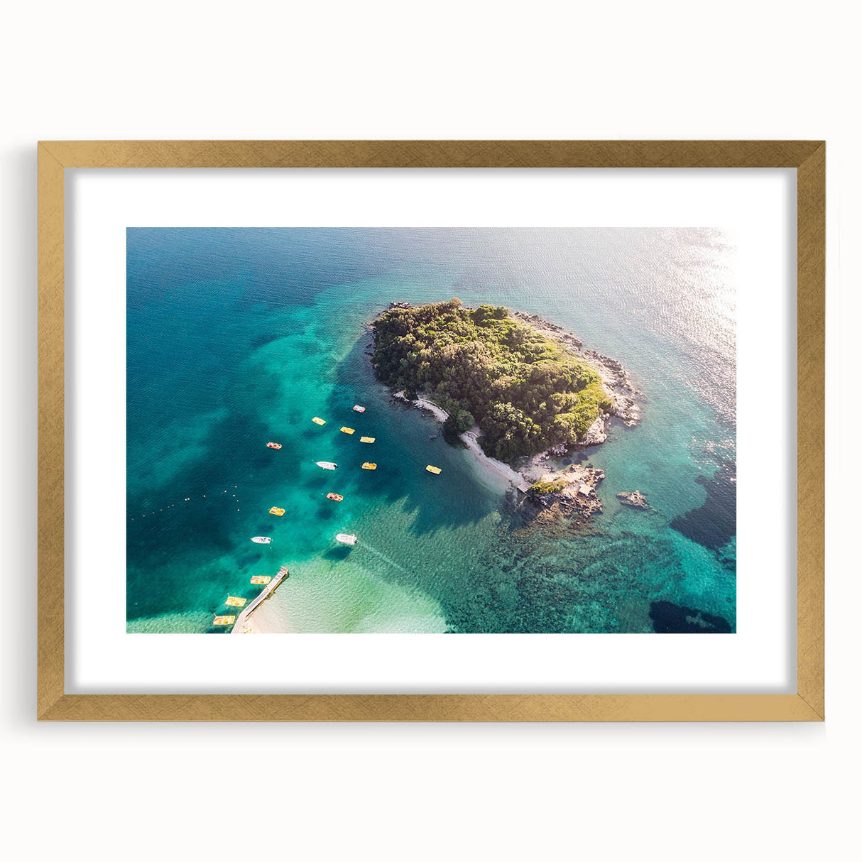Extra large abstract art print of a European scenery in textured gold frame, suited for living room decor.