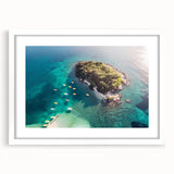 Abstract art print of a European landscape in muted earth tones on a white framed canvas, ideal for dining room decor.