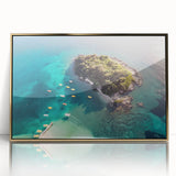 Art deco poster of an Albanian landscape on gold-framed acrylic, featuring muted earth tones.