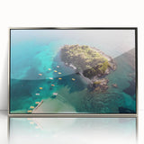 Mid-century modernist acrylic print of an Albanian landscape in muted earth tones, framed in silver.