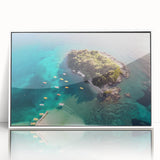 Mid-century modernist art depicting a European Albanian scenery in muted earth tones on a white-framed acrylic print.