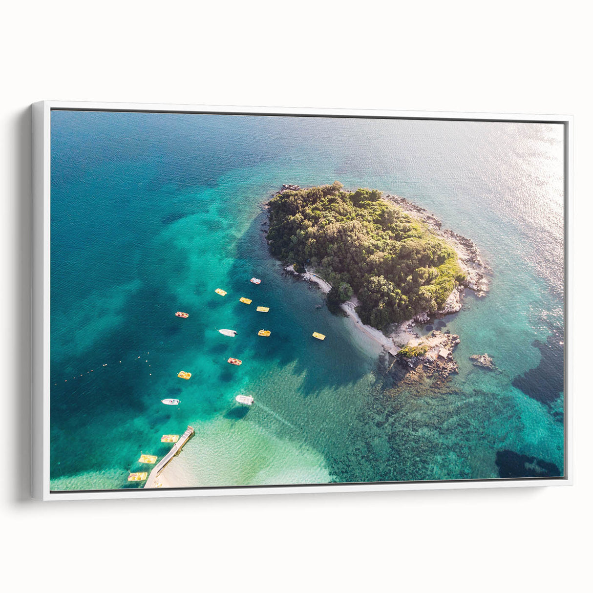 Vintage poster art of an Albanian scenery on a framed canvas, featuring vibrant colors ideal for living room decor.