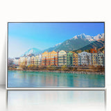 Mid-century modernist art depicting a serene Austrian landscape in muted earth tones on a framed acrylic.