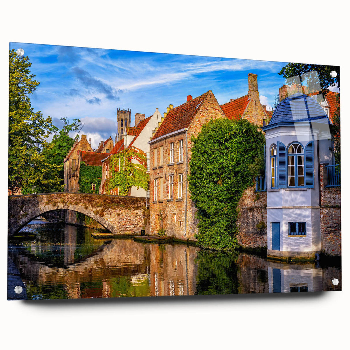 Acrylic print of a serene Belgian landscape in soft green and blue tones, ideal for bedroom or dining room decor.