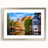 Extra large abstract art print of a European scenery in textured silver frame, ideal for living room decor.