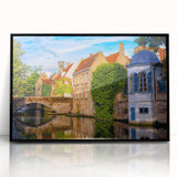 Large abstract wall art featuring a mid-century modernist design of a European cityscape in black and white.