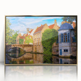 Art Deco poster of a European cityscape in muted gold tones on a framed acrylic, ideal for modern art wall decor.