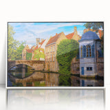 Mid-century modernist art of a European Belgium scenery in muted tones on a framed acrylic, ideal for nursery wall decor.