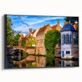 Black and white framed canvas of a vintage European landscape, suitable for bedroom decor.