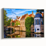 Landscape art painting featuring a vintage-style depiction of a Belgian scenery on a framed canvas.