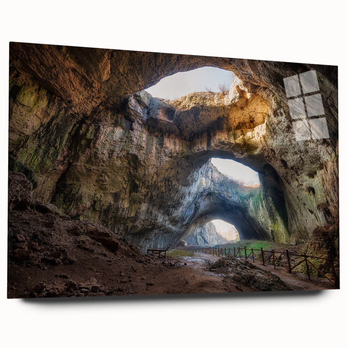 Large abstract acrylic print depicting a European scenery in muted earth tones, ideal for bedroom or dining room art.