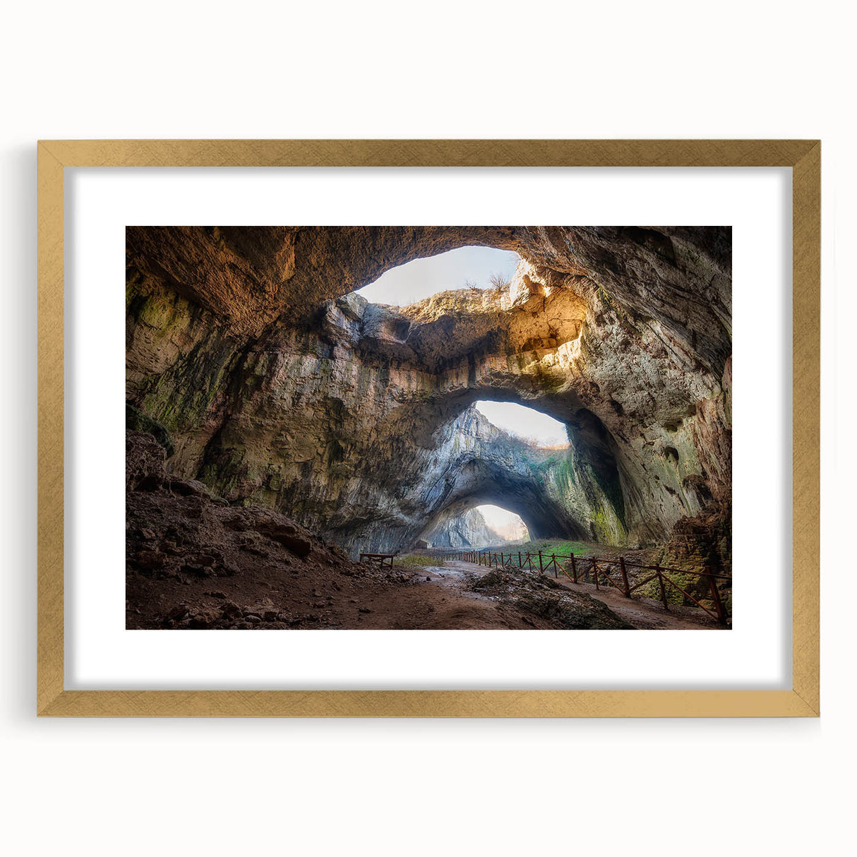 Abstract art print of a European landscape in muted earth tones on a framed canvas, suitable for dining room decor.