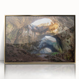 Art deco poster of a Bulgarian landscape in muted gold and green tones, acrylic print framed.