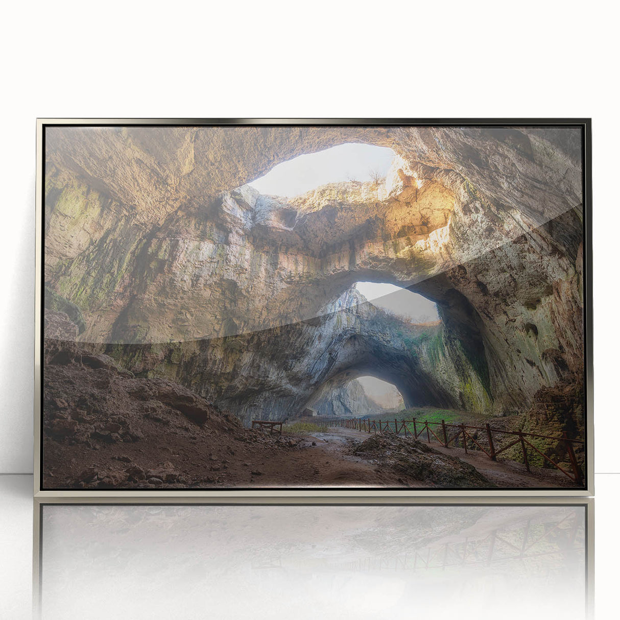 Mid-century modernist style large art print depicting a European Bulgarian landscape in muted earth tones.