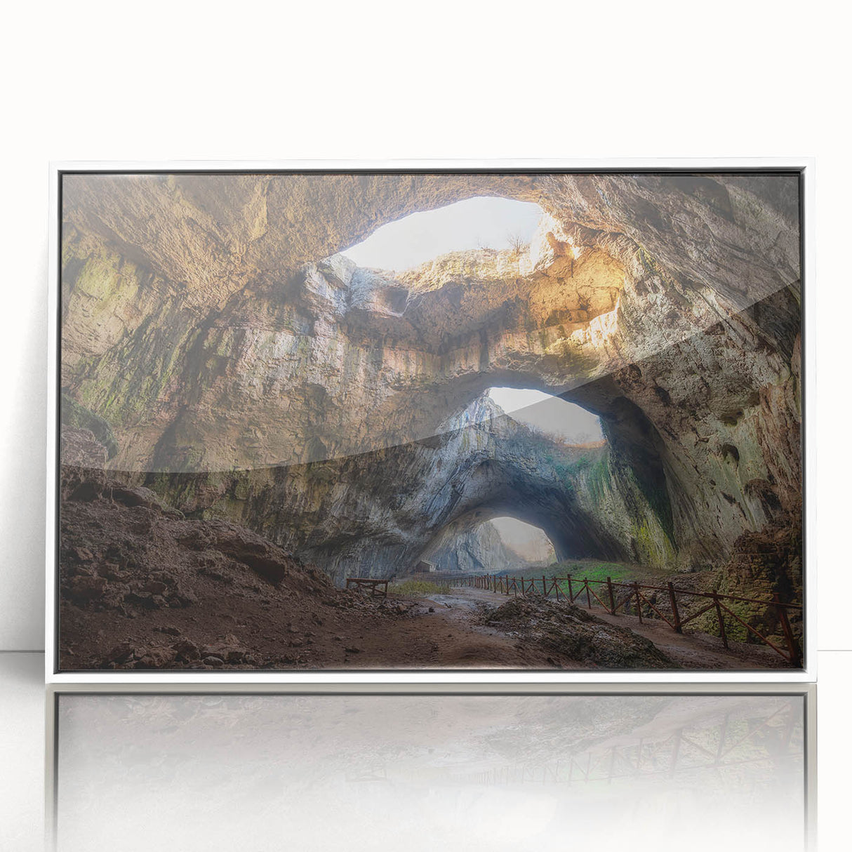 Mid-century modernist art depicting a serene Bulgarian landscape in muted earth tones, framed acrylic.