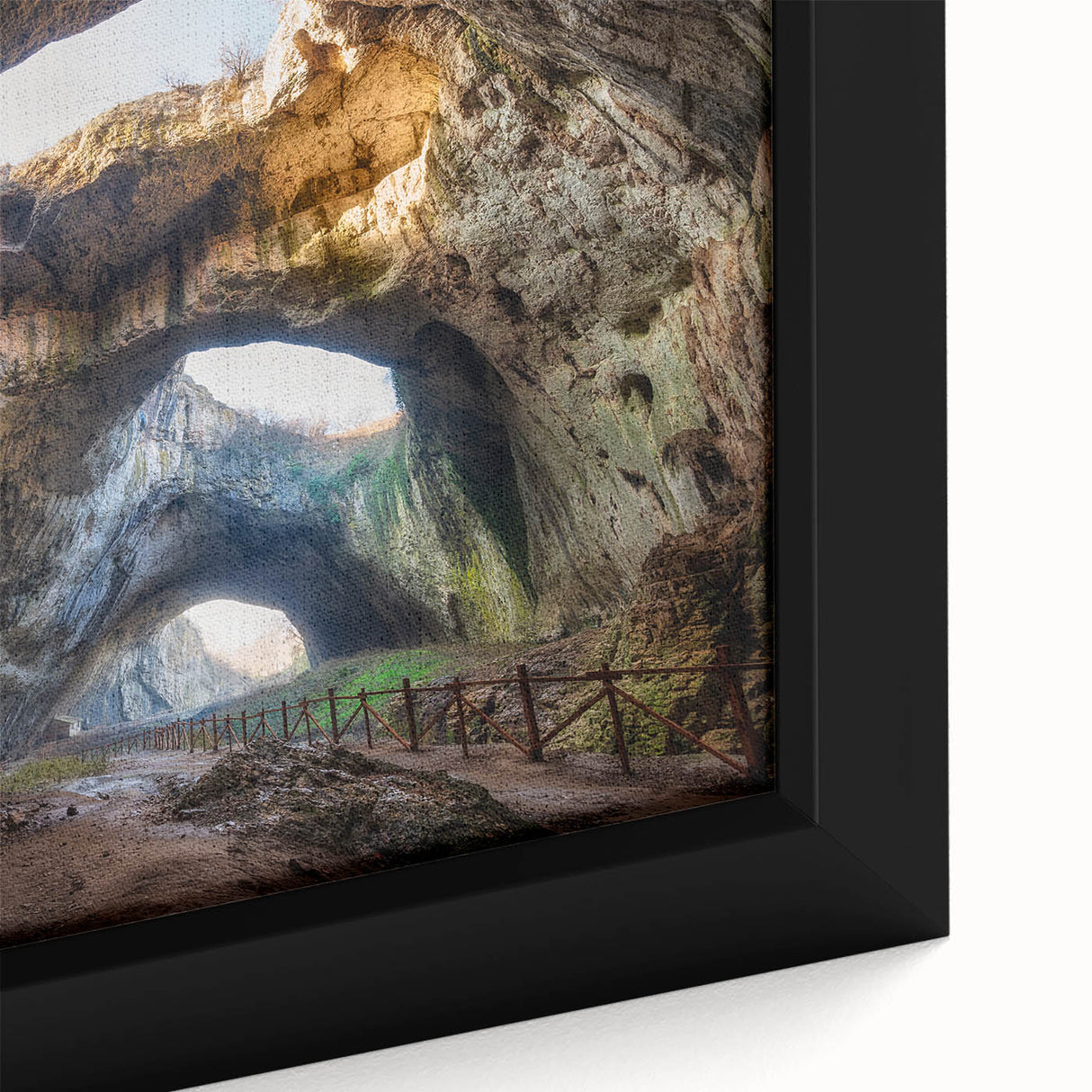 Framed canvas of a textured Bulgarian landscape in black with colorful accents, ideal for living room decor.