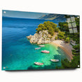 Acrylic print of a Croatian landscape with vibrant blue and green hues, ideal for dining room decor.