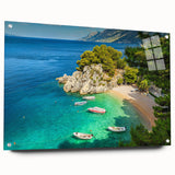 Acrylic print of a Croatian landscape with vibrant blue and green hues, ideal for dining room decor.