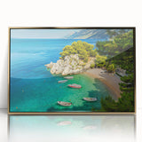 Acrylic print of a Croatian landscape in muted earth tones framed in gold, suitable as modern art wall decor.