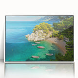 Mid-century modernist art depicting a Croatian landscape on a white-framed acrylic print, suitable for modern art wall decor.